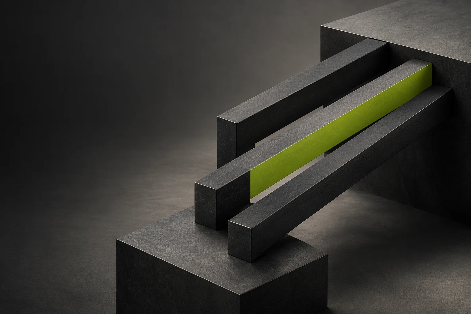 Graphite architectural structures connected by a lime beam, representing a shift between two states.
